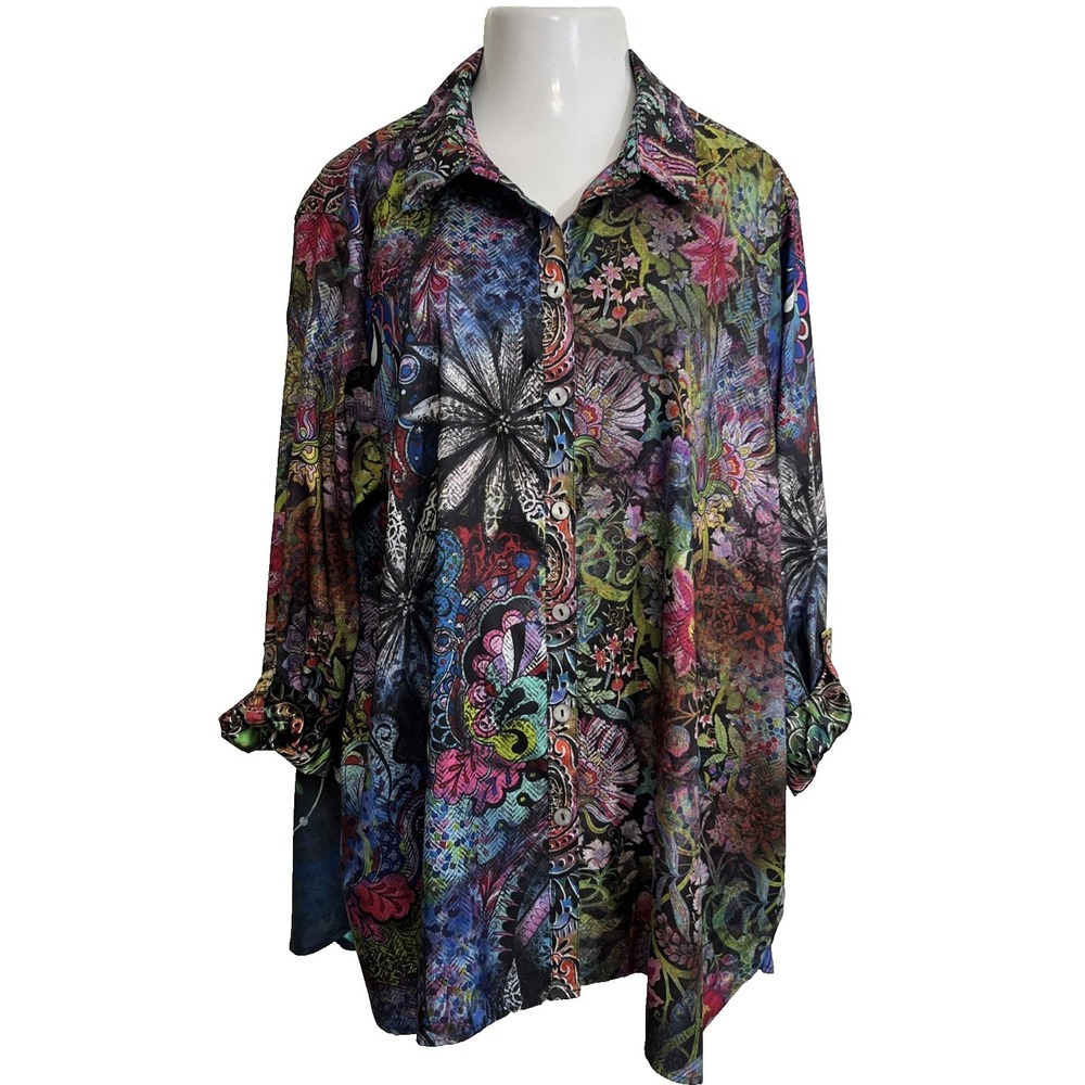John Mark Women's Top Size 3X Artsy Colorful Beach Flowy Shirt Roll Tap Sleeves